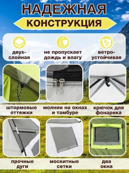 Палатка кемпинговая 4-5 местная 410х240х190см. / Палатка четырехместная быстросборная